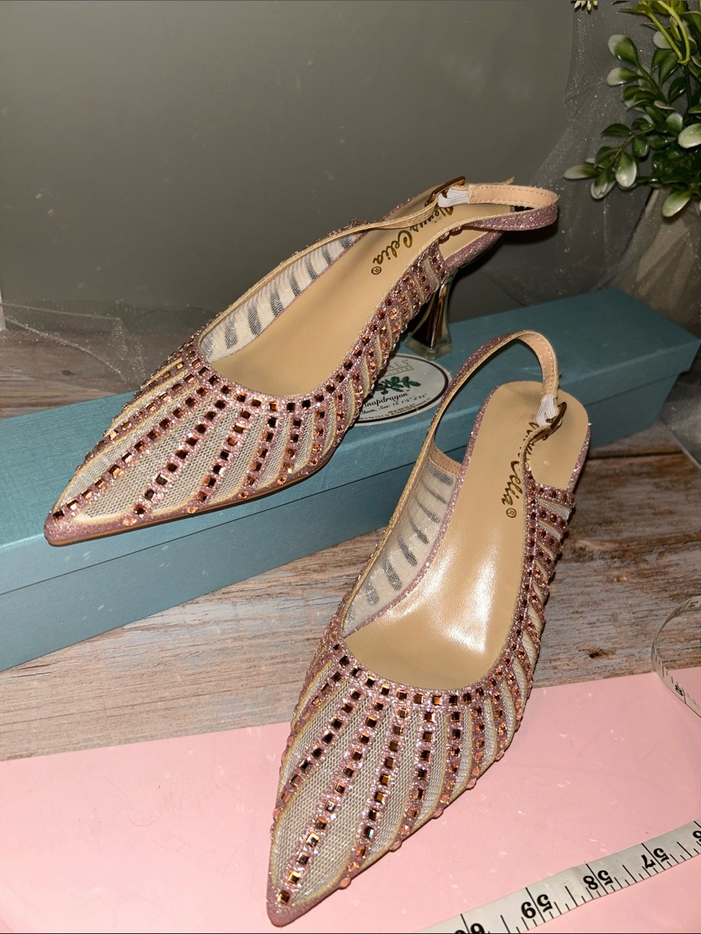 Embellished Pink Slingback Heels with Pointed Toe